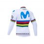 Abbigliamento UCI Mondo Campione Movistar 2020 Manica Lunga e Calzamaglia Con Bretelle Bianco Blu